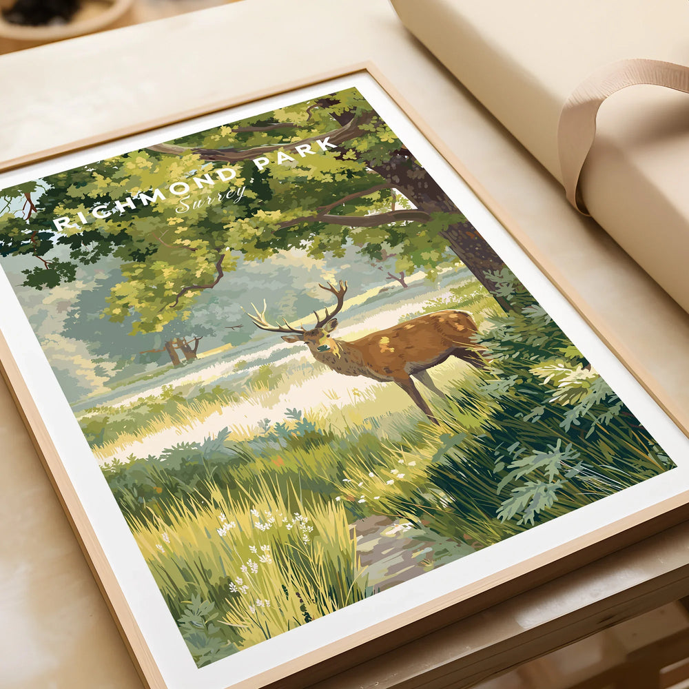 Framed Richmond Park art print featuring a deer in a sunlit, leafy landscape