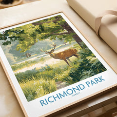 Framed Richmond Park art print featuring a deer in sunlit greenery, unwrapped as a gift.