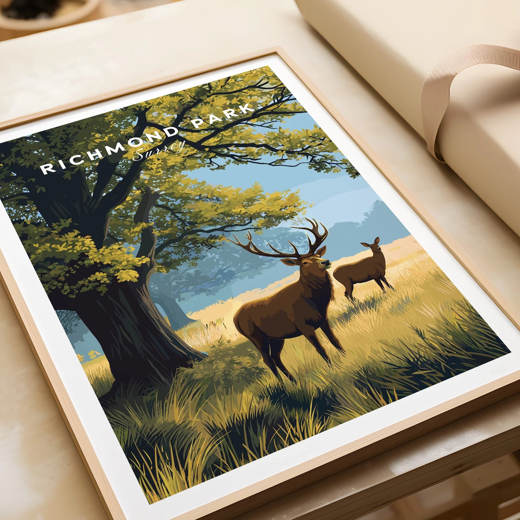 Framed Richmond Park art print featuring deer in a scenic landscape, unwrapped as a gift