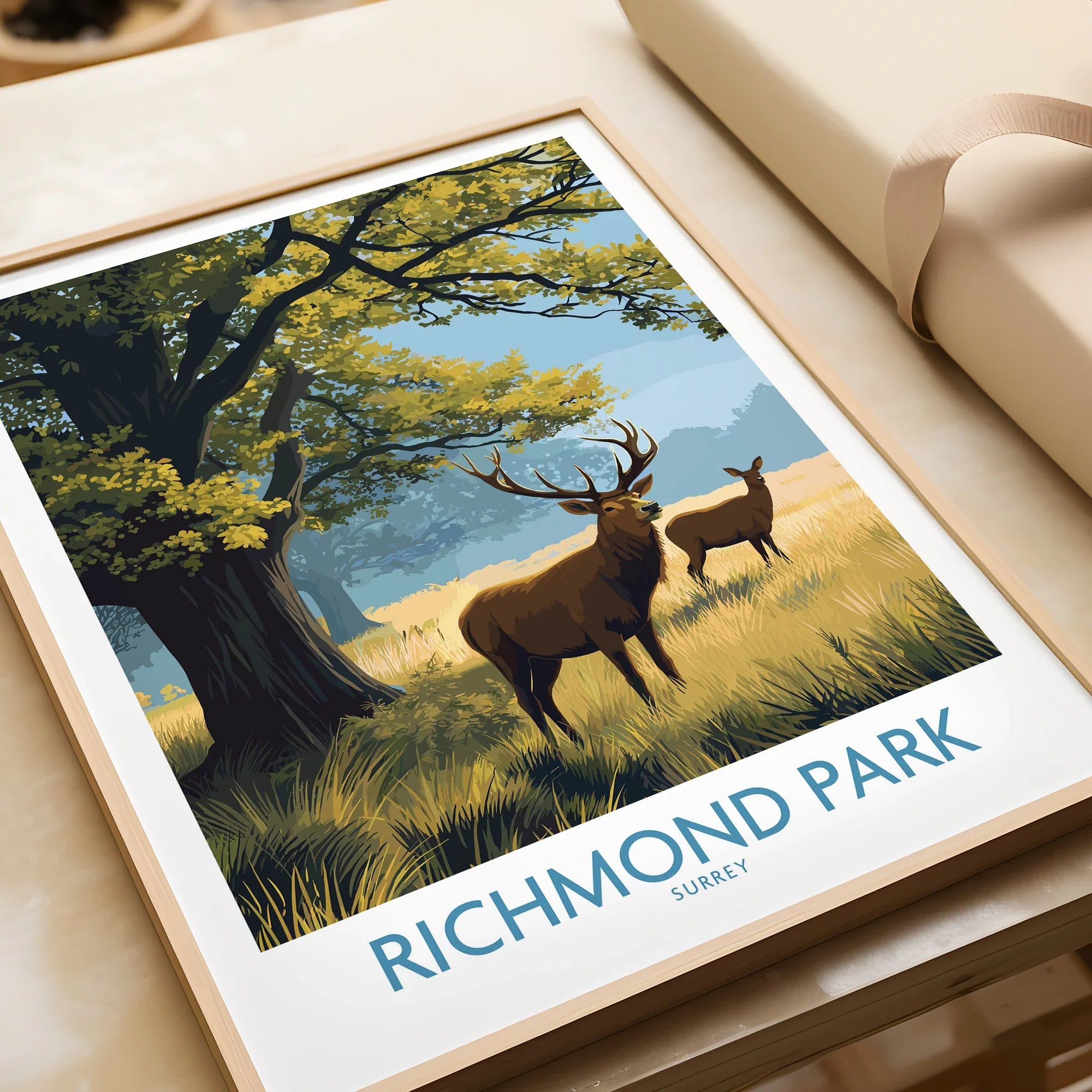 Framed Richmond Park art print with deer and tree in a natural landscape, unwrapped gift