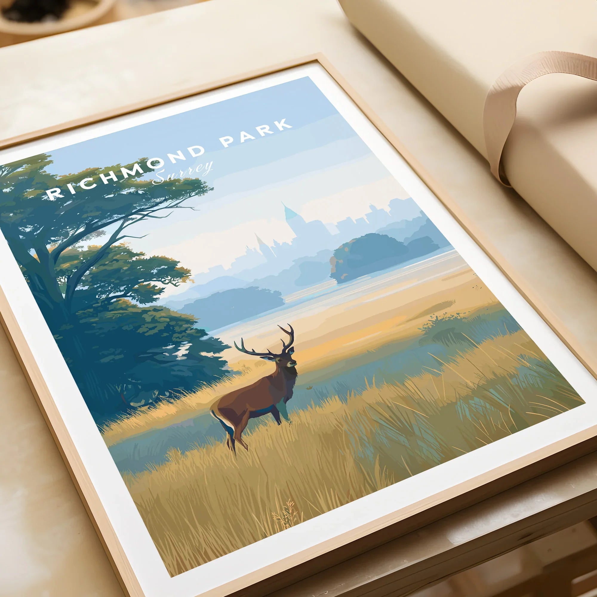 Framed Richmond Park art print with deer, grassland, and skyline, ideal wall decor gift