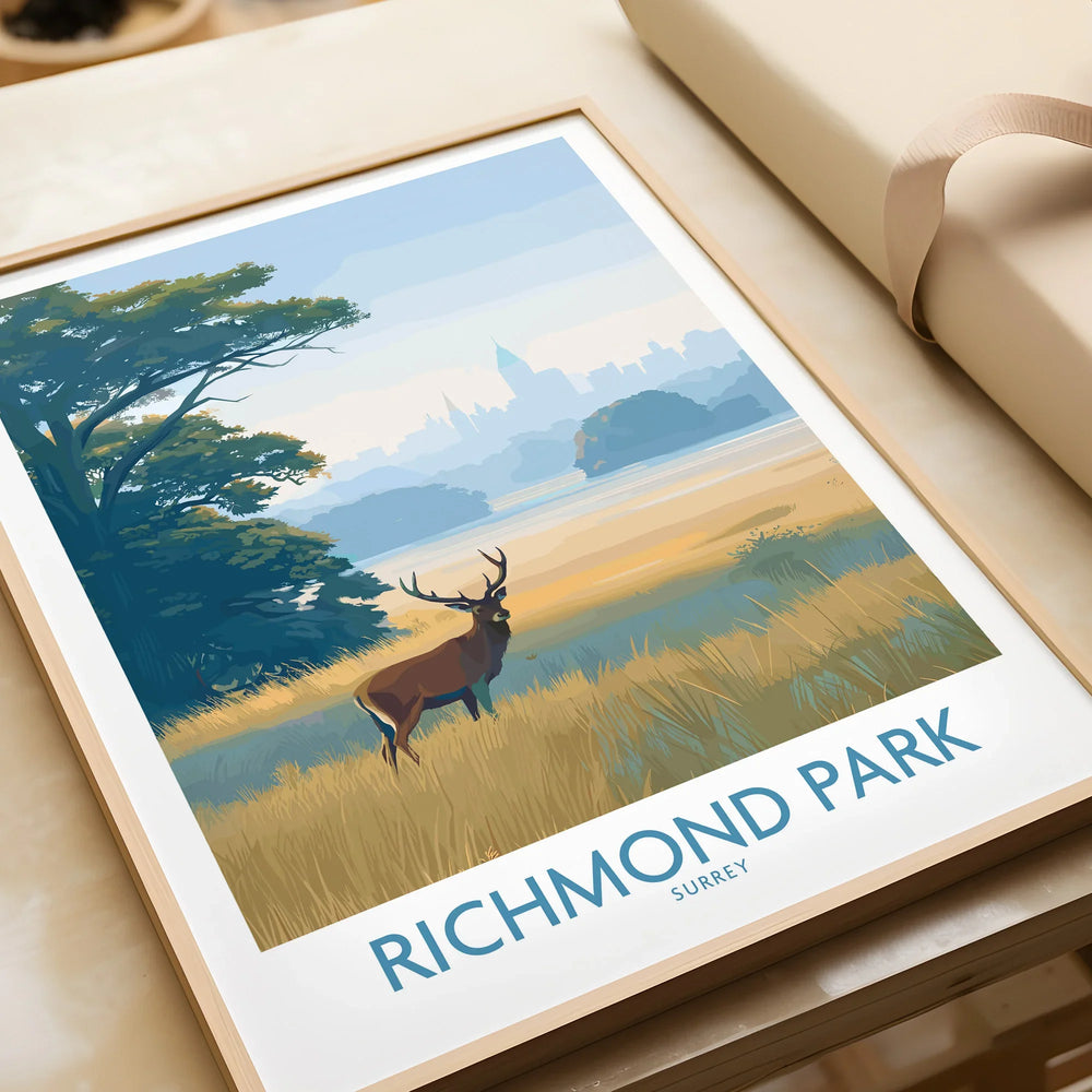 Framed Richmond Park art print featuring a stag in a grassy field, skyline in background
