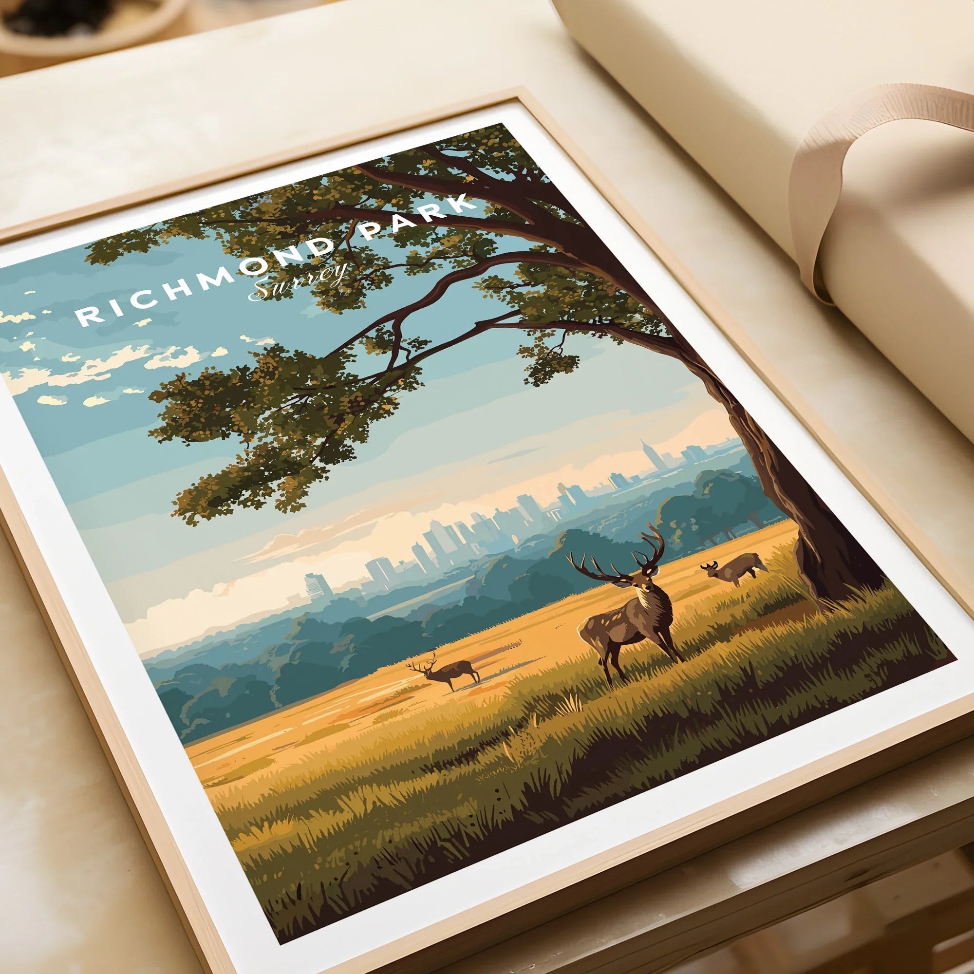 Richmond Park art print with deer, natural wood frame, city skyline in background