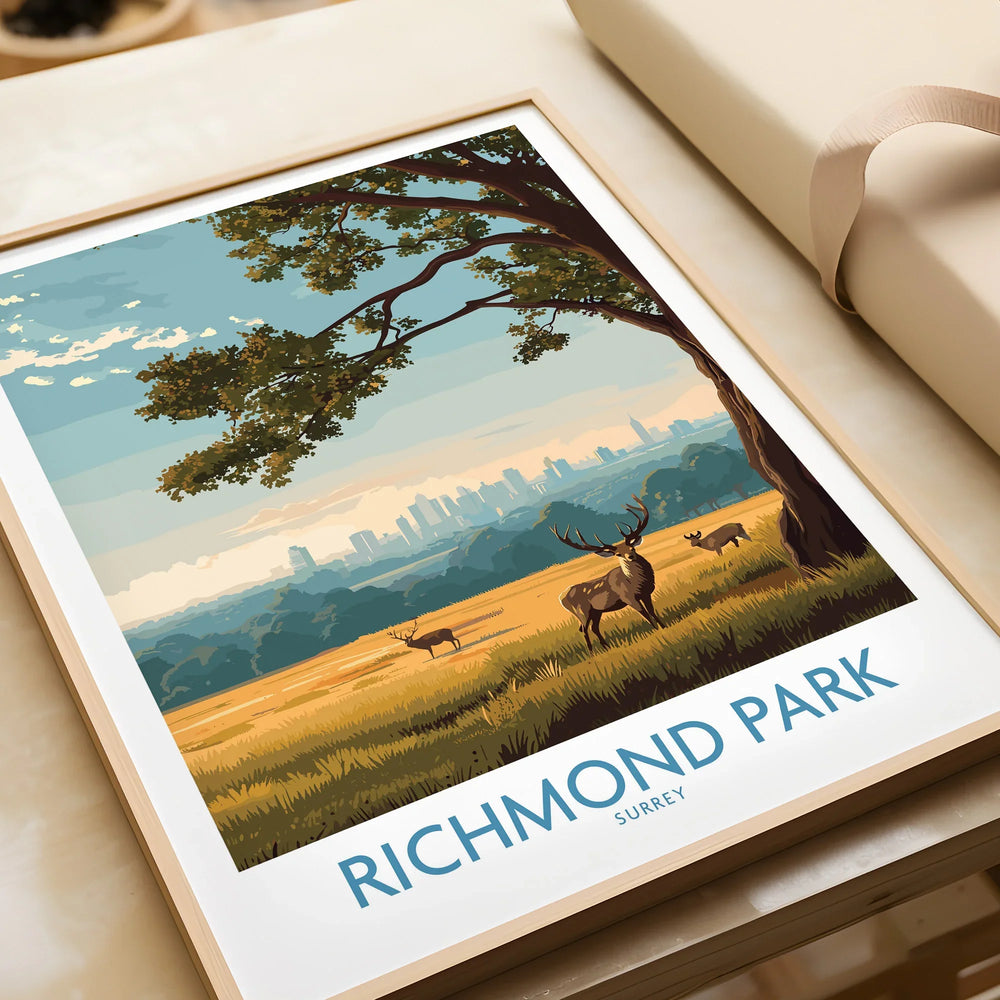 Richmond Park art print with deer and city skyline, natural wood frame, unwrapped gift