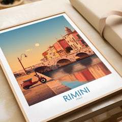 Rimini Italy Poster | Vintage Vespa & Historic Bridge Canvas Print featuring a scenic view of Rimini's waterfront.