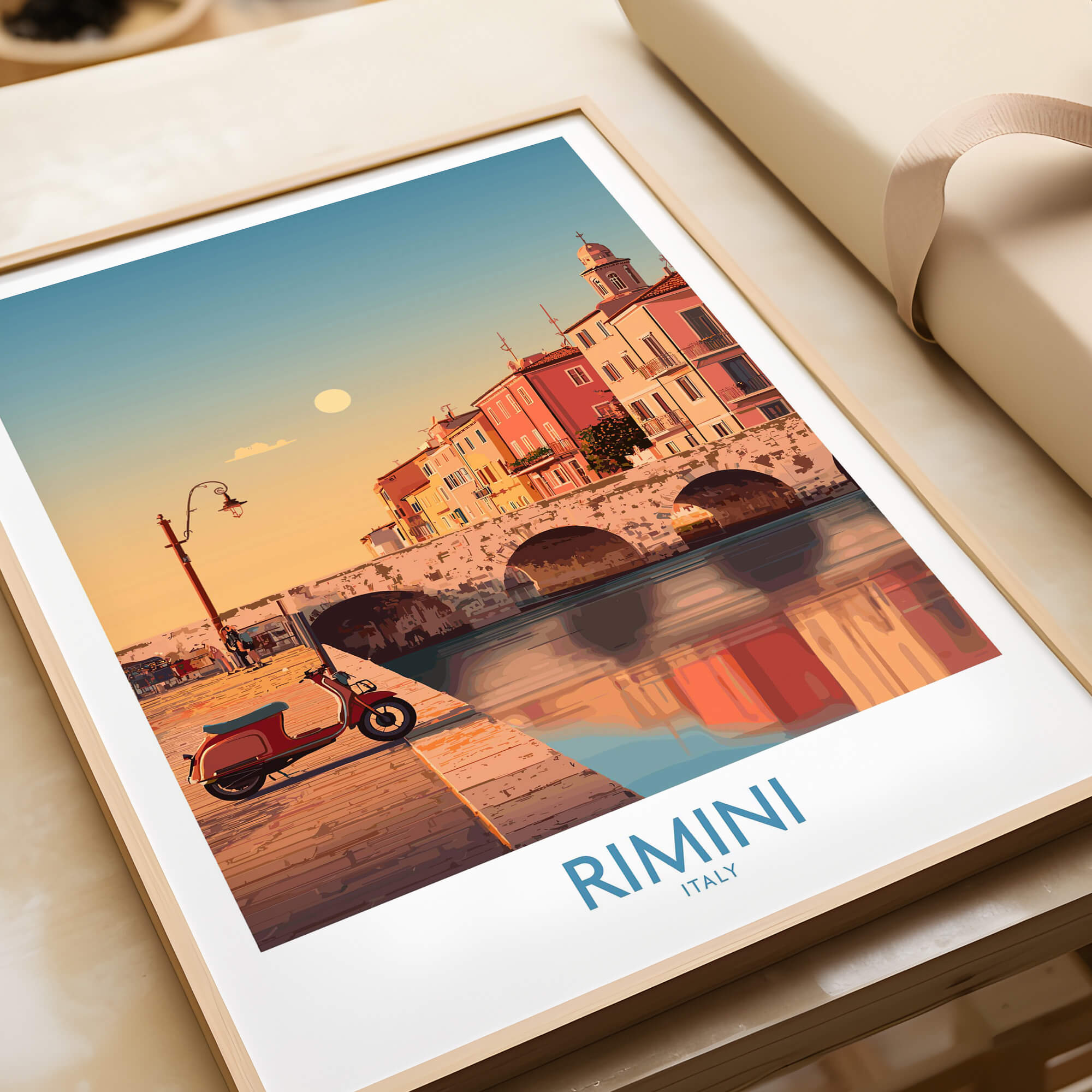 Rimini Italy Poster | Vintage Vespa & Historic Bridge Canvas Print featuring a scenic view of Rimini's waterfront.