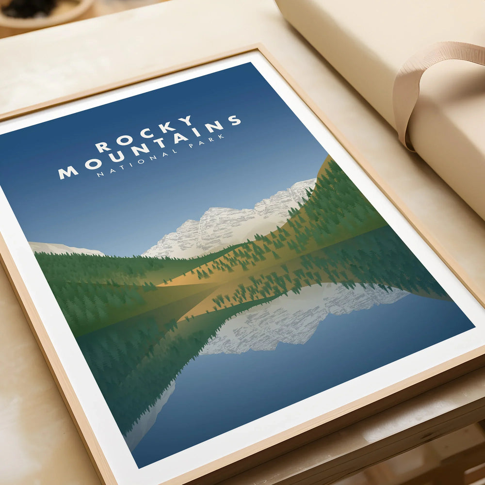 Rocky Mountains National Park art print in natural wood frame with mountain lake reflection