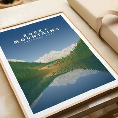 Rocky Mountains National Park art print in natural wood frame with mountain lake reflection