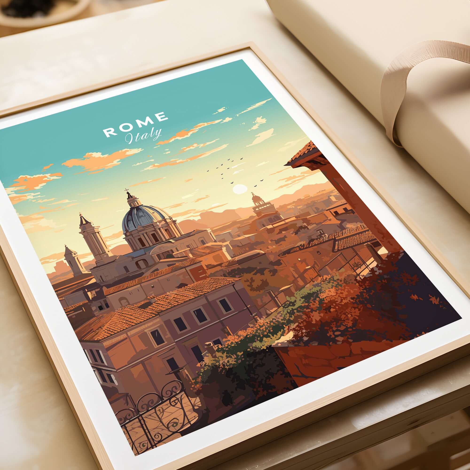 A beautiful Rome Print showcasing the skyline of Rome, Italy during sunset, ideal for home decor.
