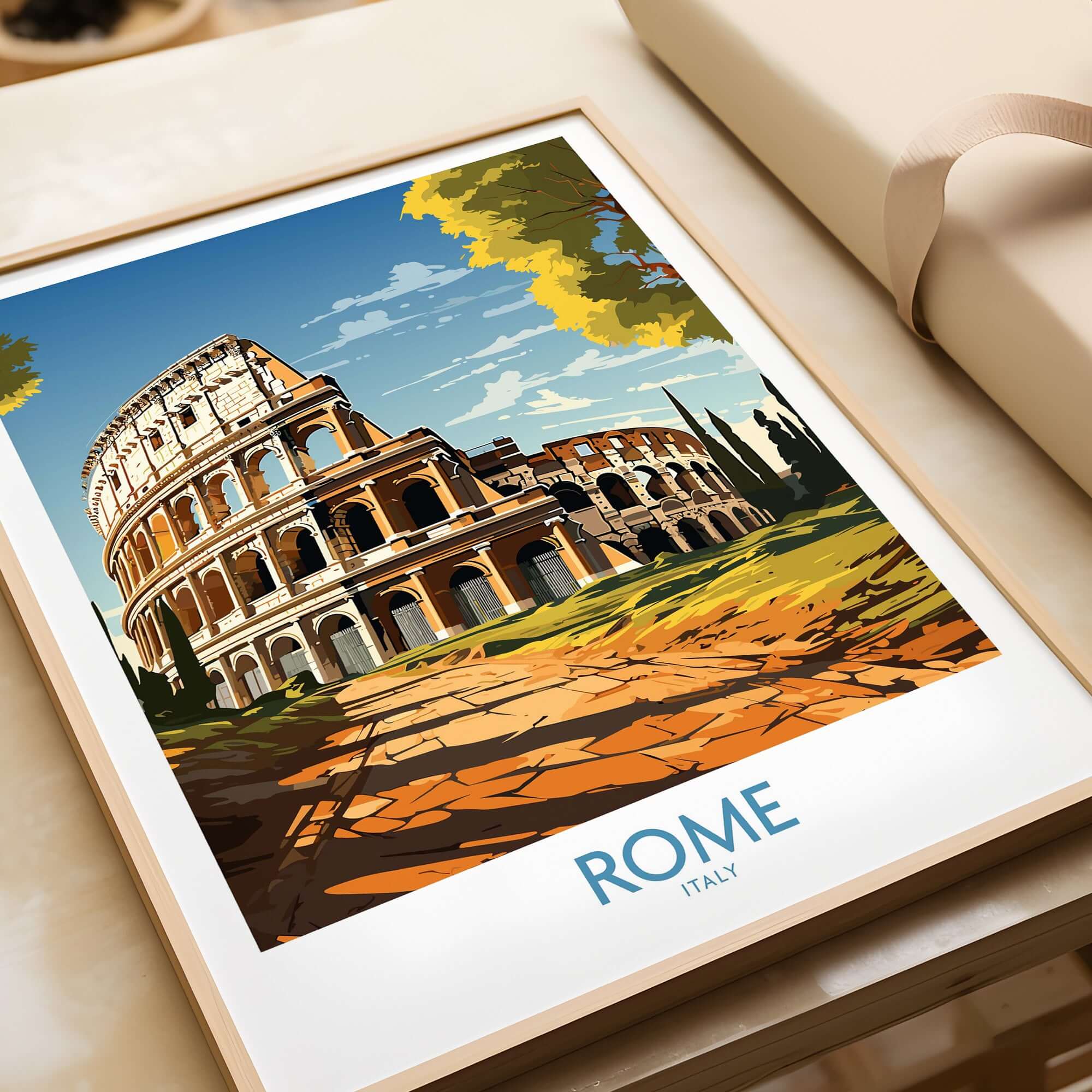 Rome Print with Colosseum - a vibrant artwork featuring the iconic Colosseum in a beautiful landscape.