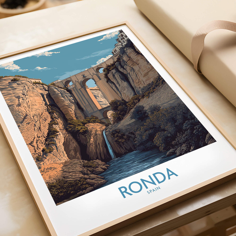 Ronda Spain Poster | Dramatic Andalusian Mountain Bridge Canvas Print showcasing the iconic Puente Nuevo and surrounding landscape.