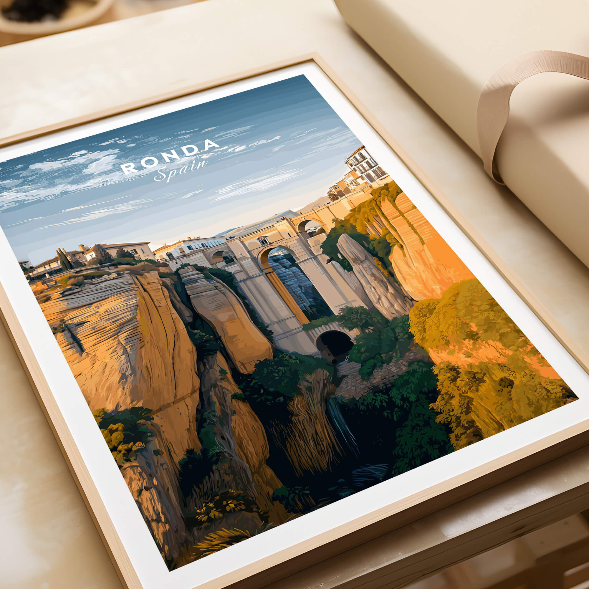 Ronda Spain Wall Art Print | Historic White Village Cliffside Travel Poster showcasing the dramatic cliffs and architecture of Ronda.