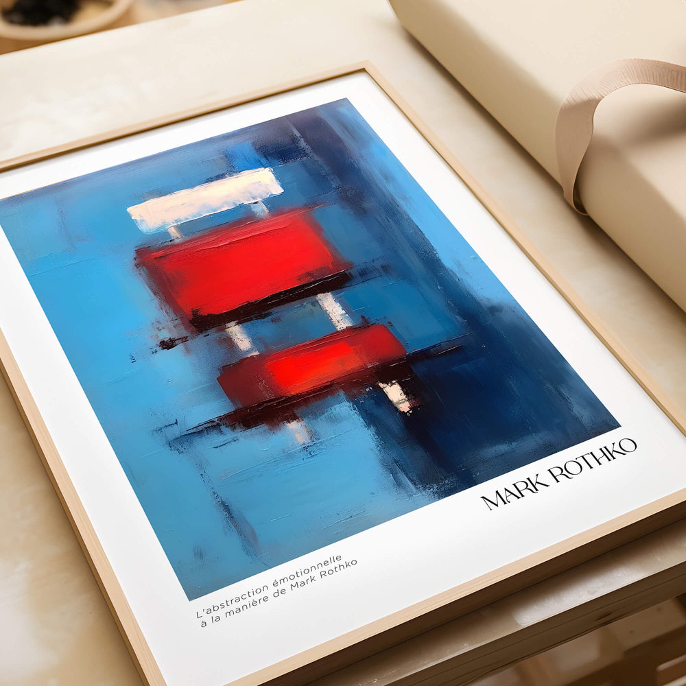 Rothko Inspired Abstract Red Blocks Art Print | Blue Background Wall Decor displayed in a stylish frame on a table.