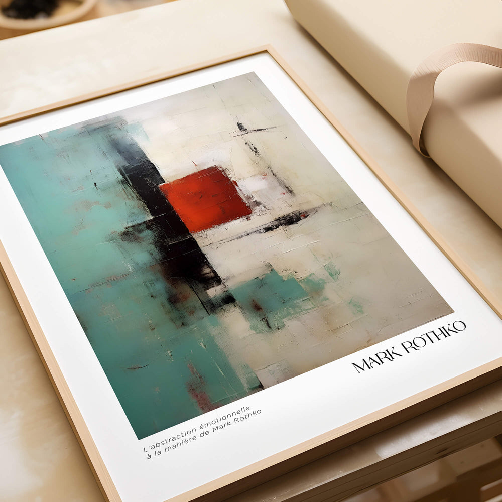 Rothko Inspired Abstract Red and Mint Art Print | Mid-Century Modern Wall Decor on display in a light wooden frame.