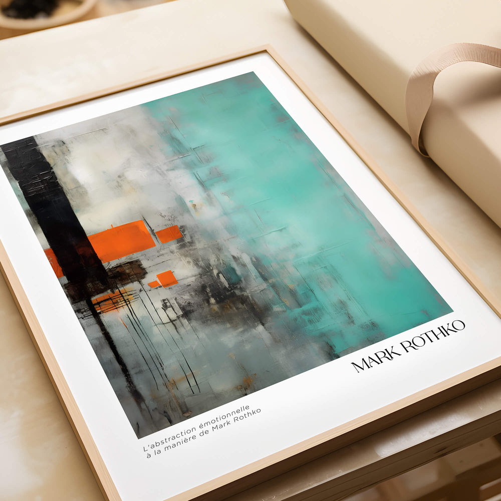 Rothko Inspired Abstract Mint and Orange Art Print | Expressionist Style Wall Decor displayed in a frame on a wooden table.