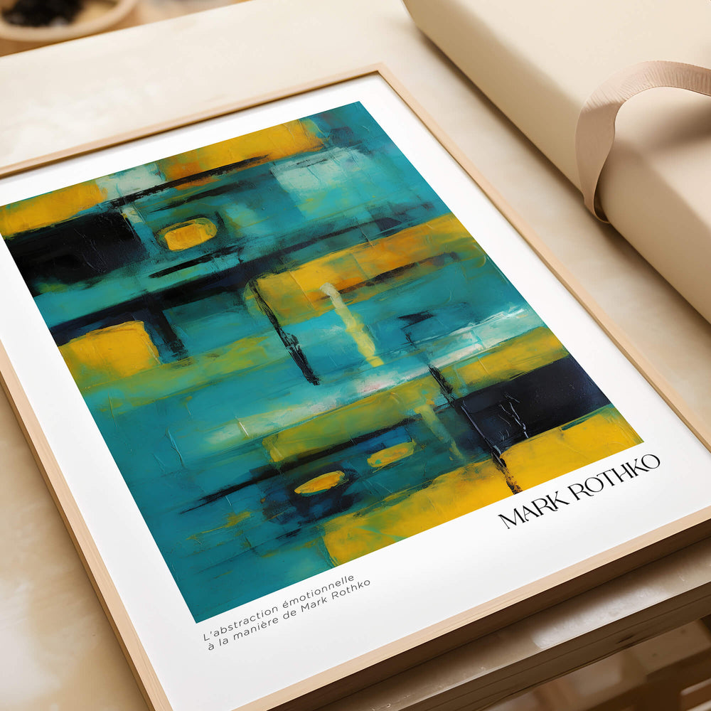Rothko Inspired Abstract Yellow and Teal Art Print | Modern Poster displayed in a stylish frame on a wooden surface.