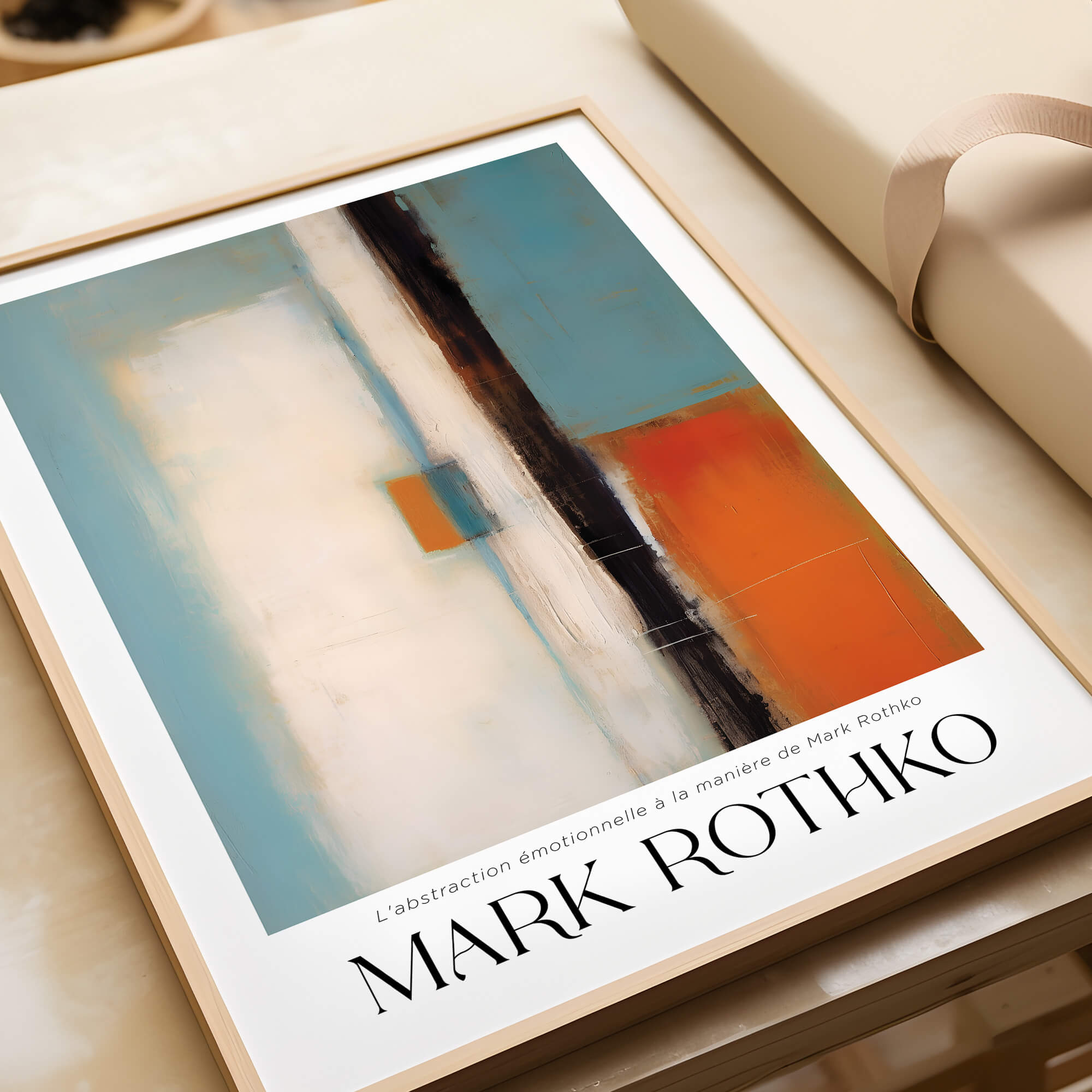 Rothko Inspired Abstract Teal and Orange Art Print | Minimalist Canvas Poster displayed in a frame on a table.