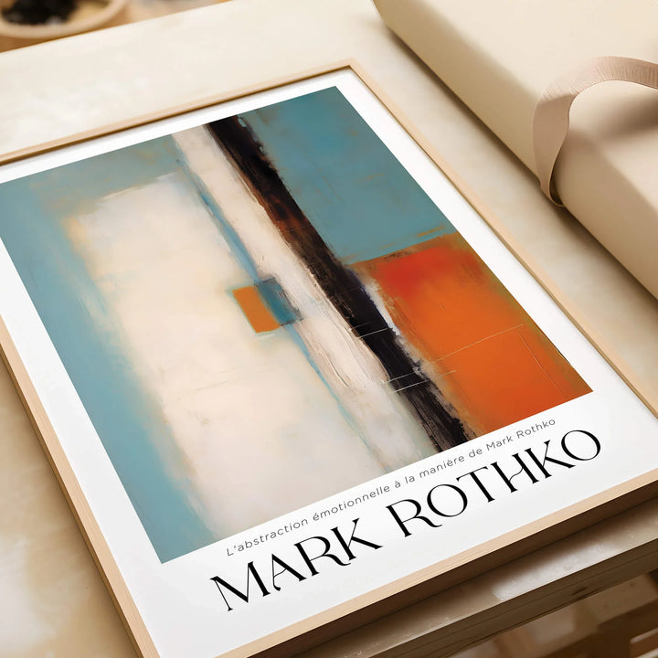 Rothko Inspired Abstract Teal and Orange Art Print | Minimalist Canvas Poster displayed in a frame on a table.