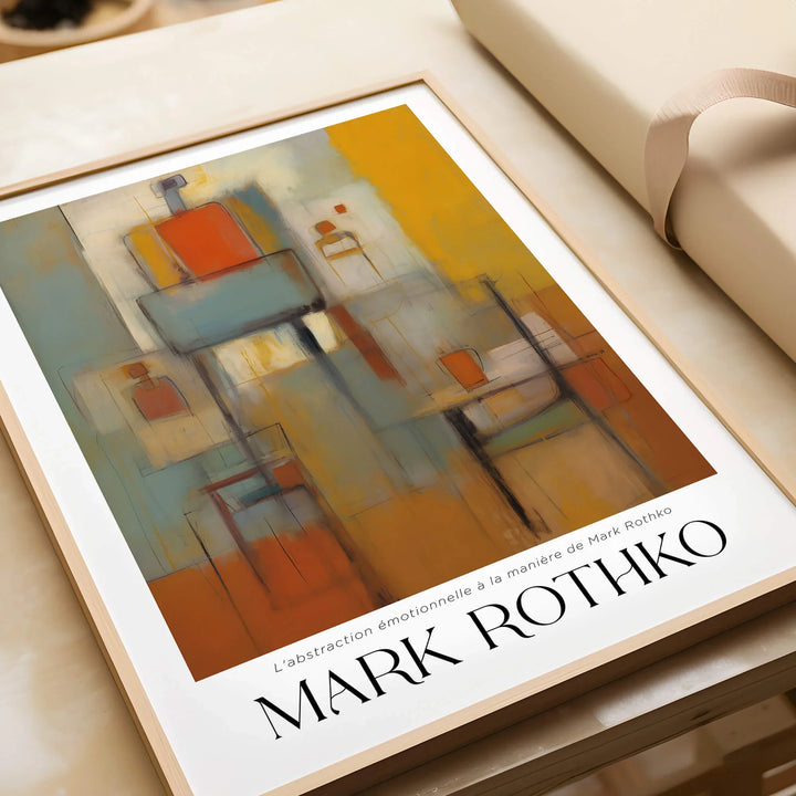 Rothko Style Emotional Abstraction Painting | Modern Abstract Wall Decor displayed in a wooden frame on a table.