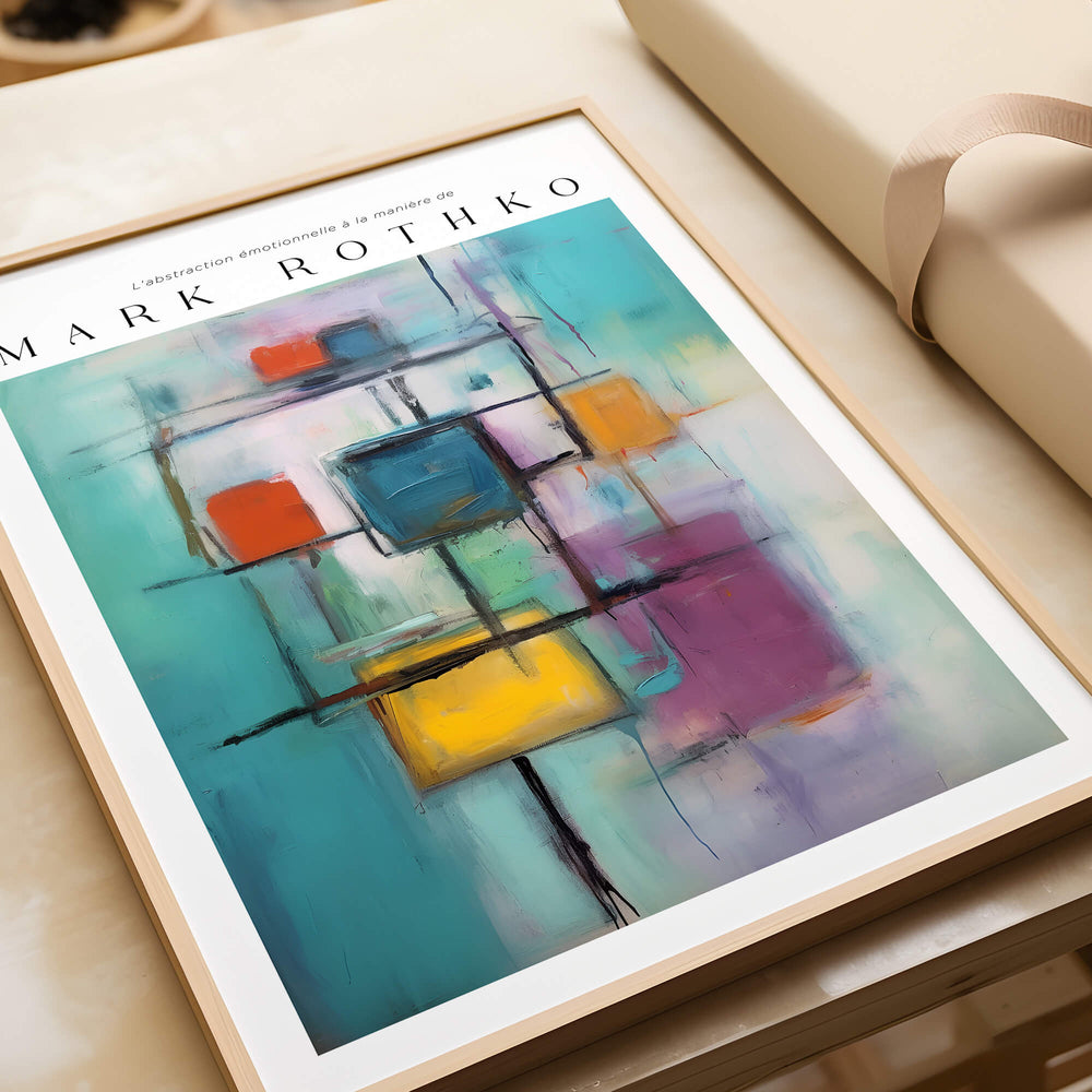 Rothko Style Floating Blocks Painting Print | Modern Abstract Canvas Wall Decor framed artwork on a table.