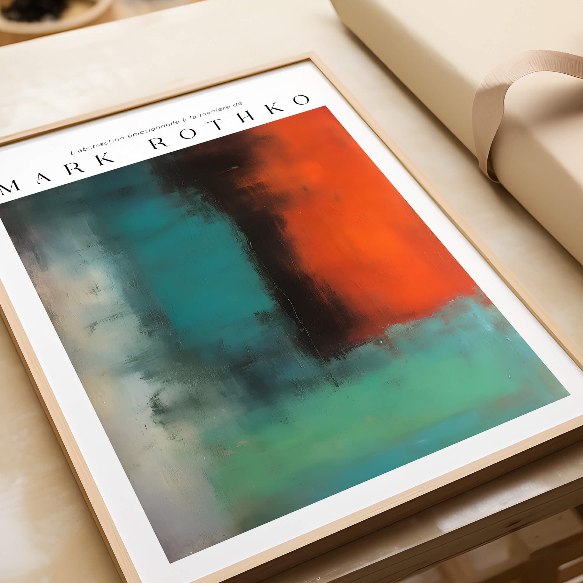 Mark Rothko Style Modern Canvas Abstraction Painting | Contemporary Wall Art displayed in a wooden frame on a table.
