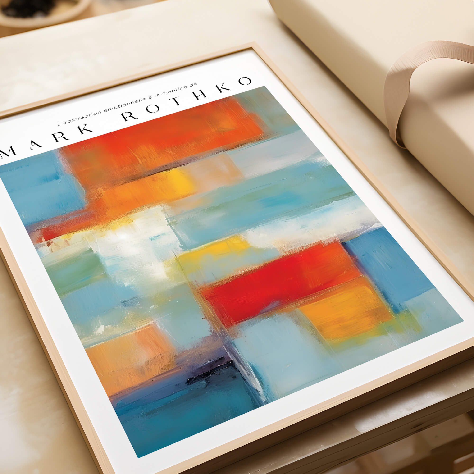 Rothko Canvas Color Abstraction Painting | Modern Abstract Wall Art featured in a stylish frame on a table.