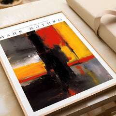 Mark Rothko Style Bold Black and Yellow Abstract Canvas Art Print displayed in a frame on a table.