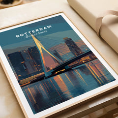 Framed Rotterdam Netherlands skyline art print with illuminated bridge and cityscape reflection