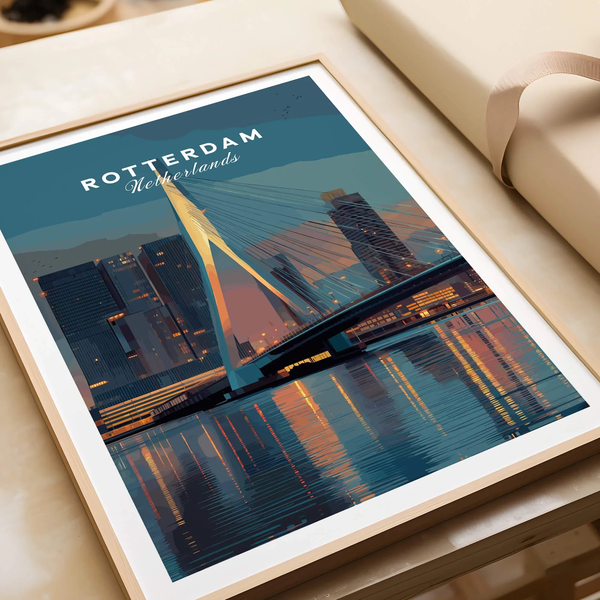 Framed Rotterdam Netherlands skyline art print with illuminated bridge and cityscape reflection