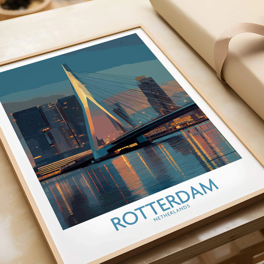Framed Rotterdam city skyline art print with Erasmus Bridge, modern decor gift