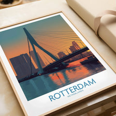 Framed Rotterdam city skyline art print with bridge at sunset, closeup, unwrapped for gift