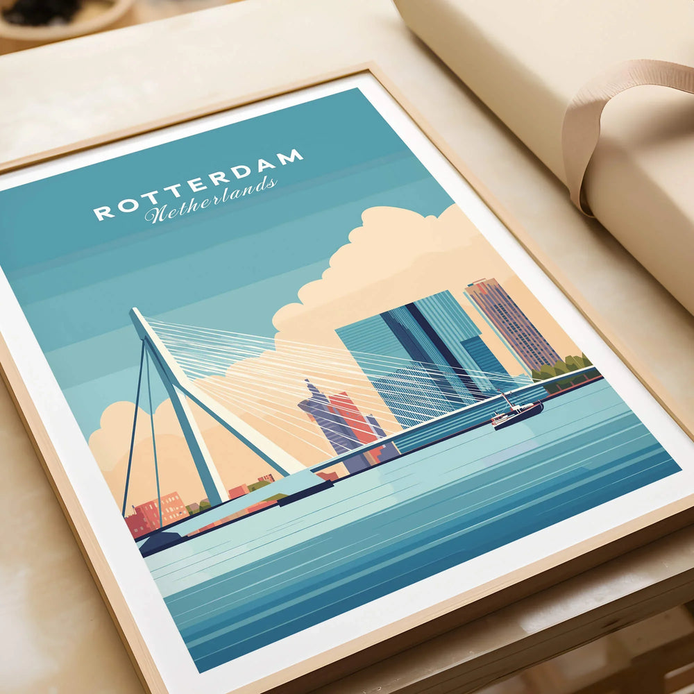 Rotterdam Netherlands skyline art print in natural wood frame, close-up gift unwrapped