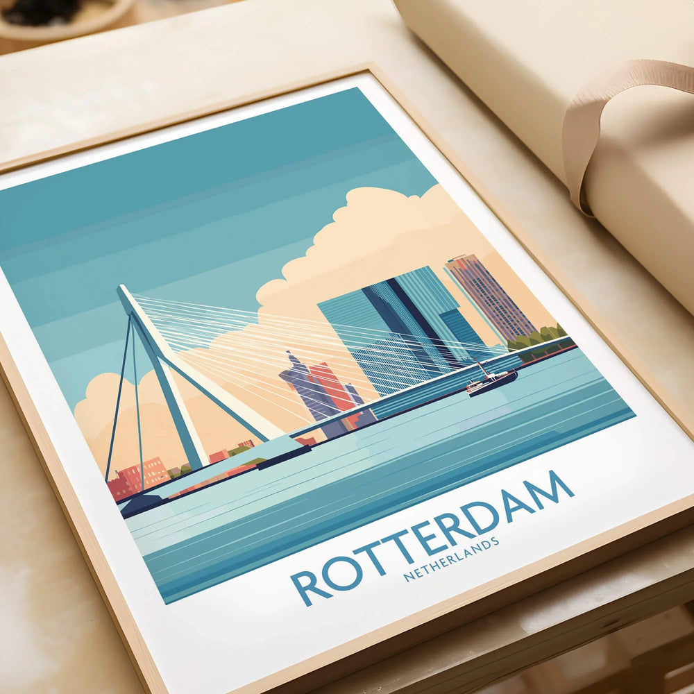 Rotterdam skyline art print with bridge, wrapped as a gift, in a natural wood frame