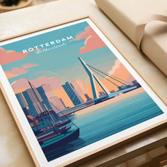 Framed Rotterdam Netherlands travel poster print with city skyline and bridge, unwrapped as a gift
