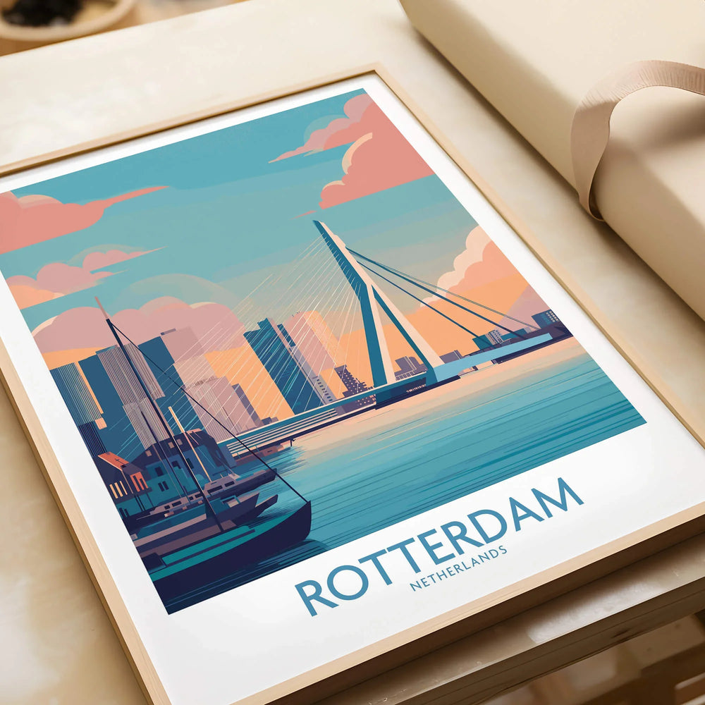 Framed Rotterdam travel poster art print with colorful city skyline and modern bridge