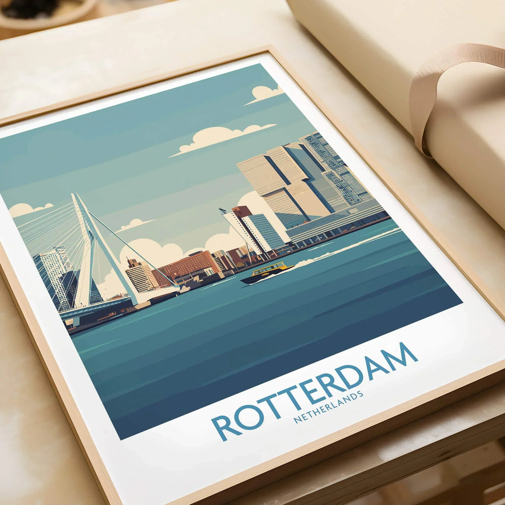 Framed Rotterdam city skyline art print with bridge and river, close-up, gift unwrapped