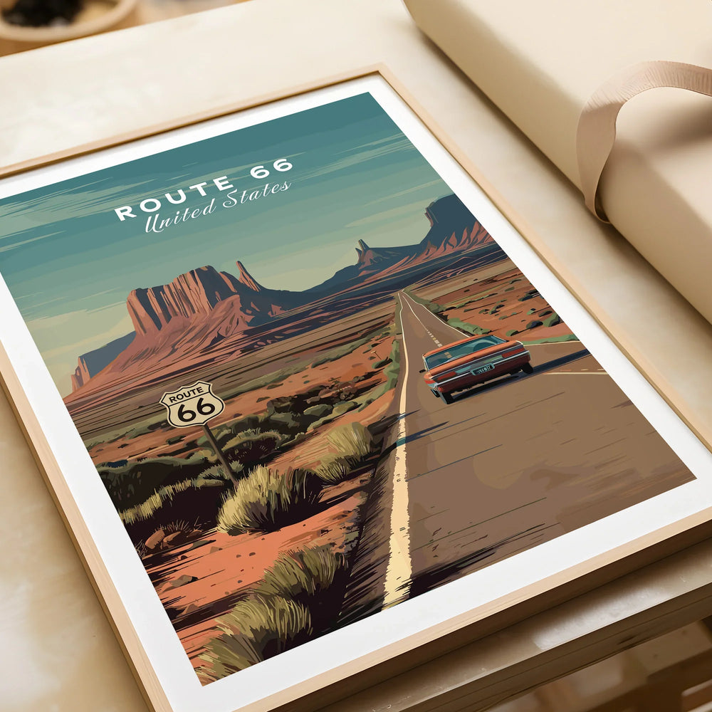 Framed Route 66 art print featuring vintage car on desert highway, perfect travel wall decor