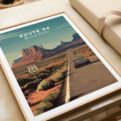 Framed Route 66 art print featuring vintage car on desert highway, perfect travel wall decor