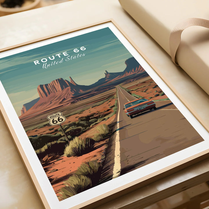 Framed Route 66 art print featuring vintage car on desert highway, perfect travel wall decor