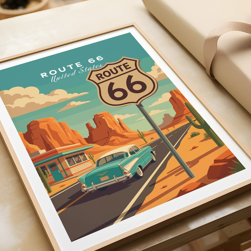 Framed Route 66 travel poster print with vintage car, desert, and retro diner gift unwrapped
