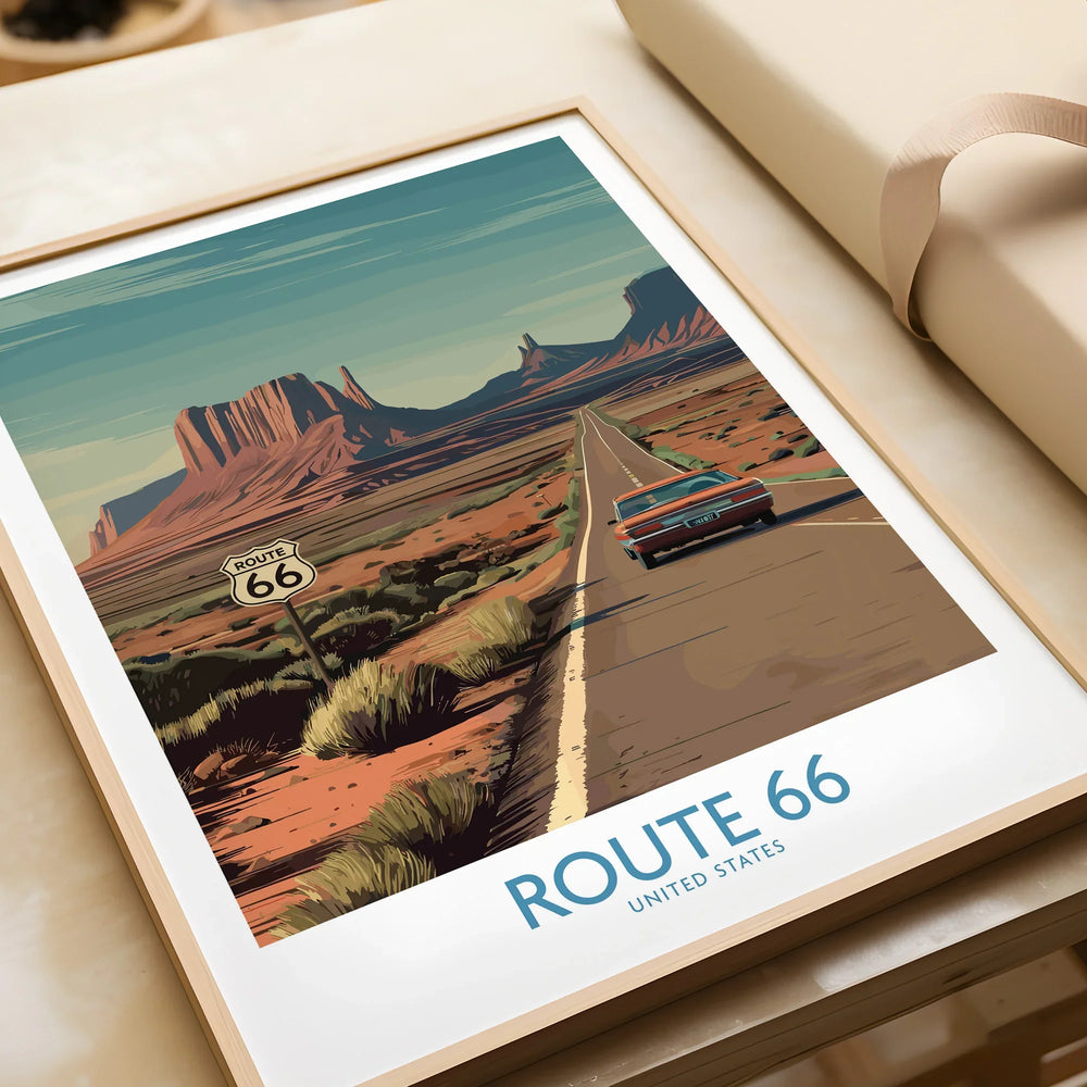 Framed Route 66 travel poster print with classic car and desert landscape, unwrapped gift
