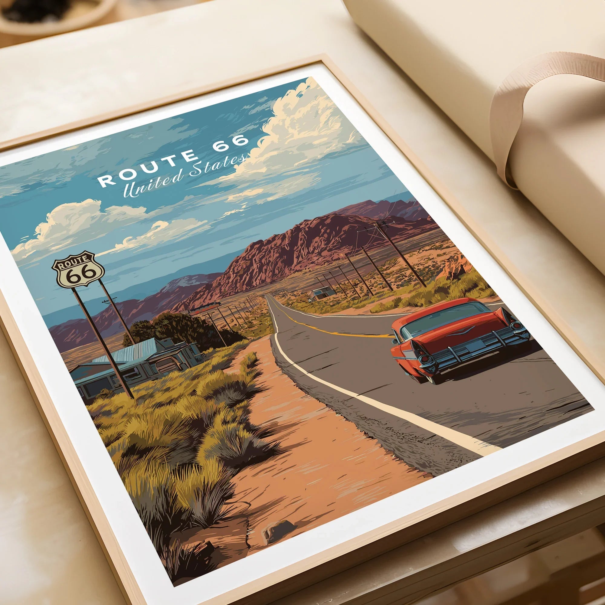 Route 66 travel poster print in natural wood frame, classic car, desert landscape wall art