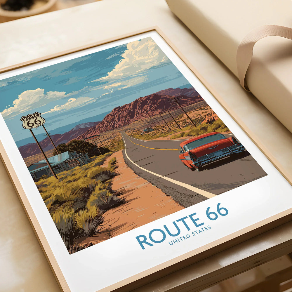 Framed Route 66 art print with classic car and desert landscape, unwrapped as a gift