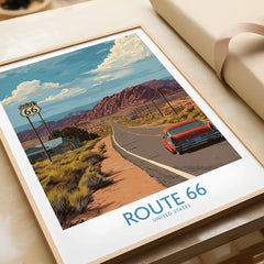 Framed Route 66 art print with classic car and desert landscape, unwrapped as a gift