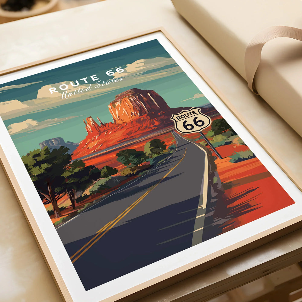 Framed Route 66 art print with a desert landscape, iconic road sign, and vivid colors