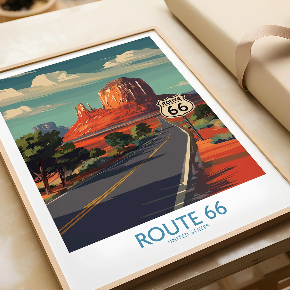 Framed Route 66 travel art print with desert landscape, unwrapped as a gift