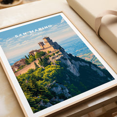 San Marino Wall Art Print | Mount Titano Citadel Travel Poster featuring Mount Titano fortress and landscape.