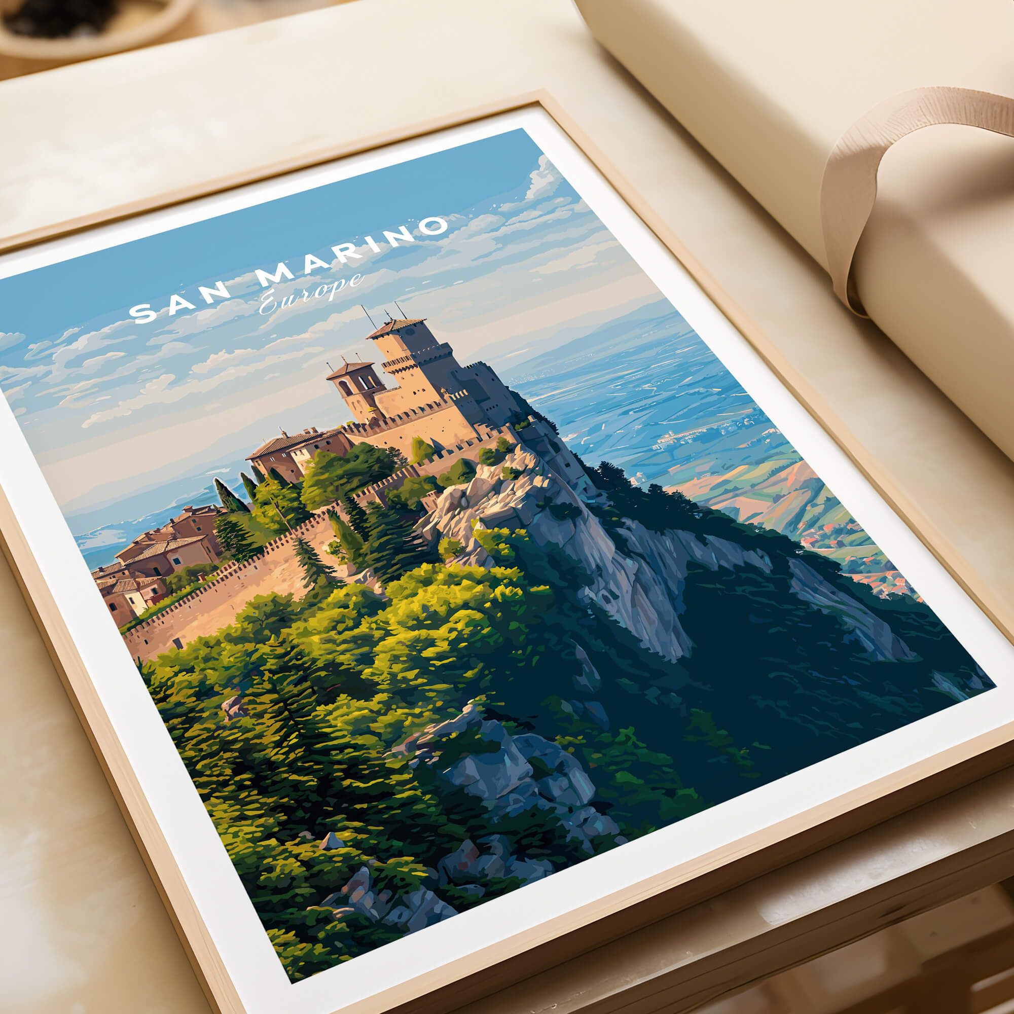 San Marino Wall Art Print | Mount Titano Citadel Travel Poster featuring Mount Titano fortress and landscape.