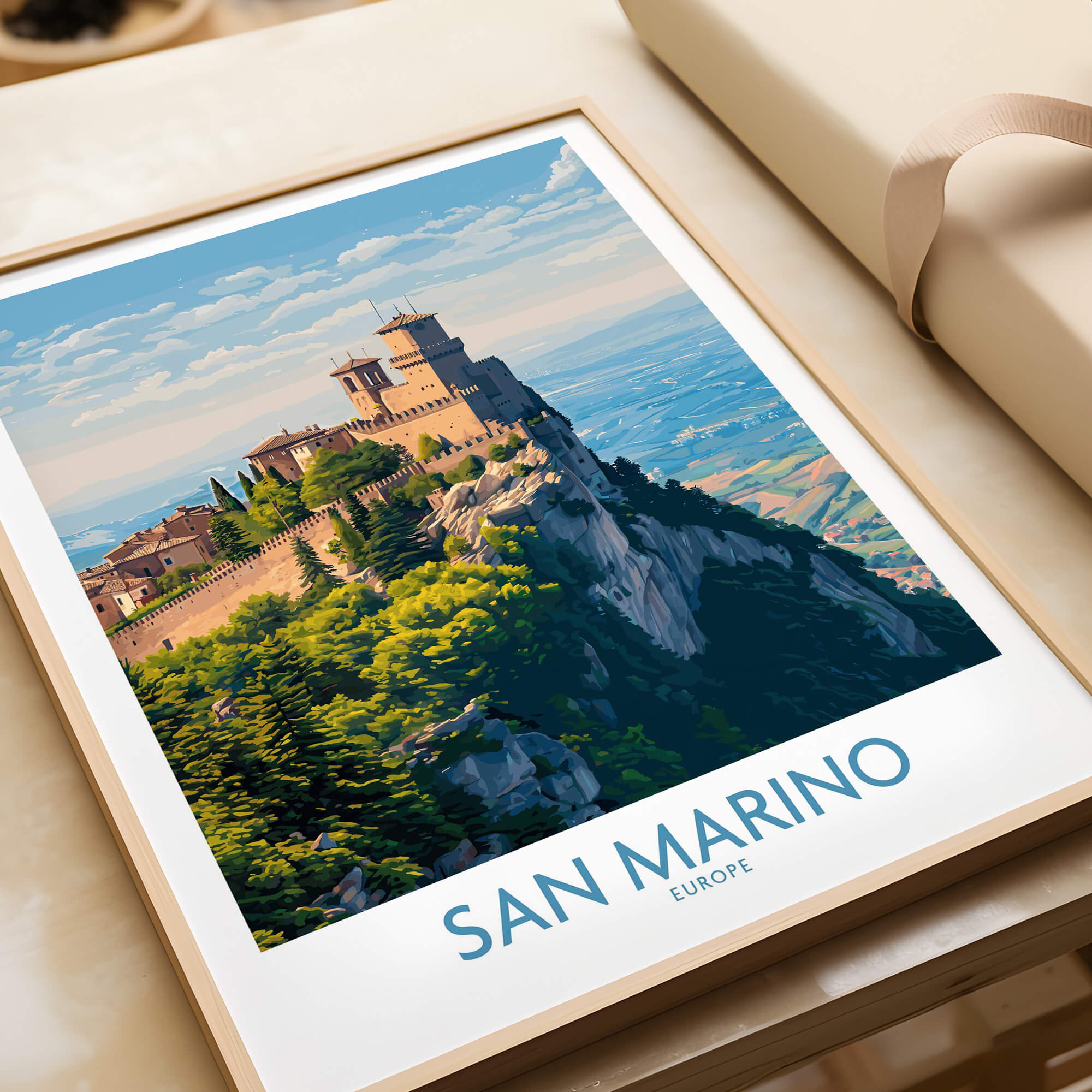 San Marino Poster | Canvas Print featuring a picturesque hilltop fortress in a scenic landscape.
