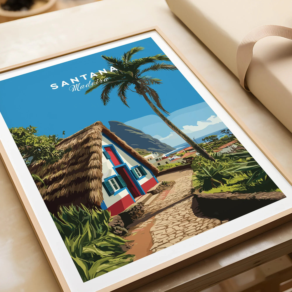 Framed Santana Madeira travel poster art print with traditional house and palm tree